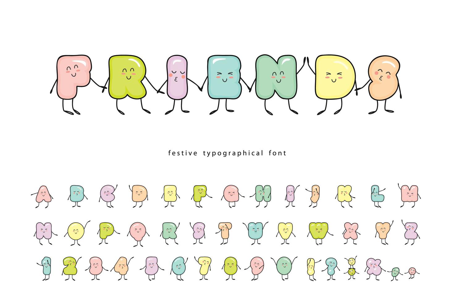 Cartoon emoticons font with funny friendly character vector