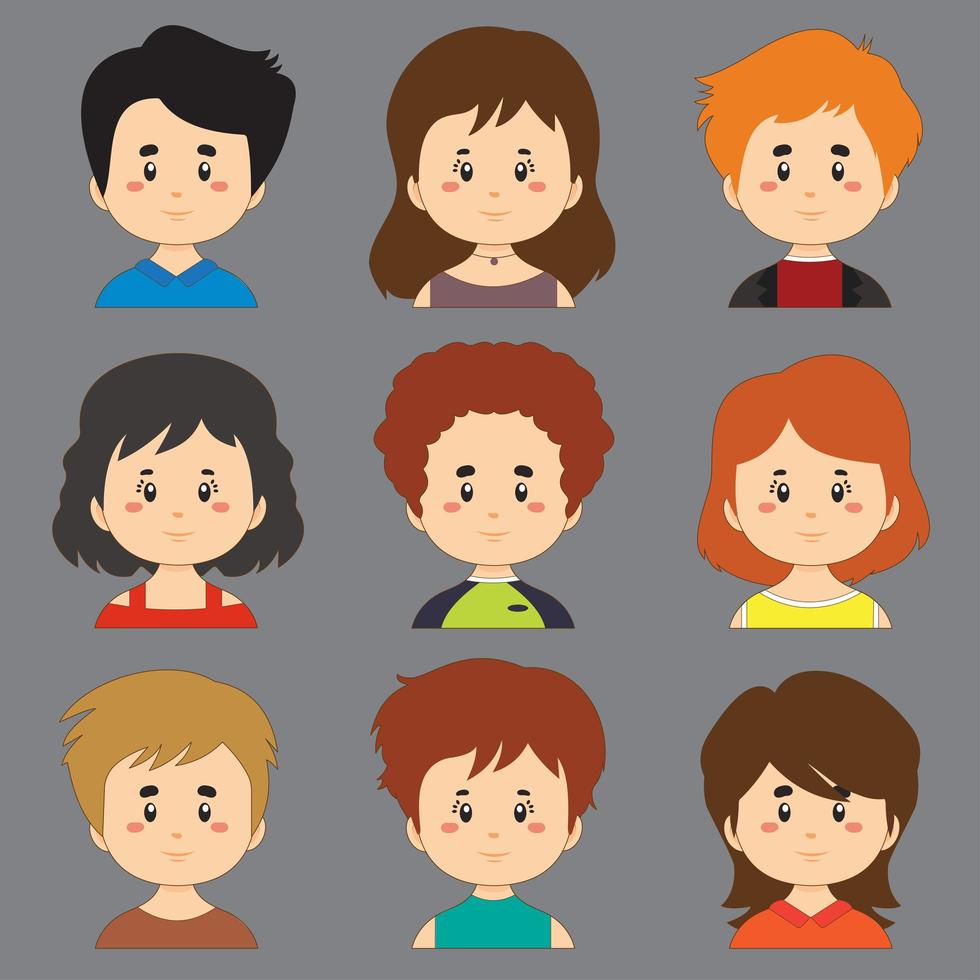 Colección de personajes de avatar con diferente cabello y piel. vector