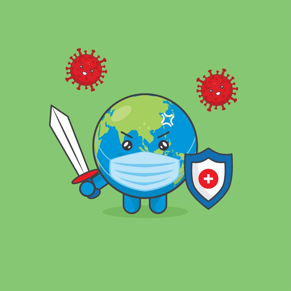 Cute Earth Characters Fight Against Viruses With Sword and Shield  vector