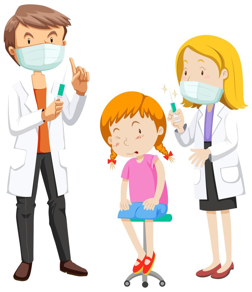 Sick girl getting Coronavirus vaccine by two doctors vector