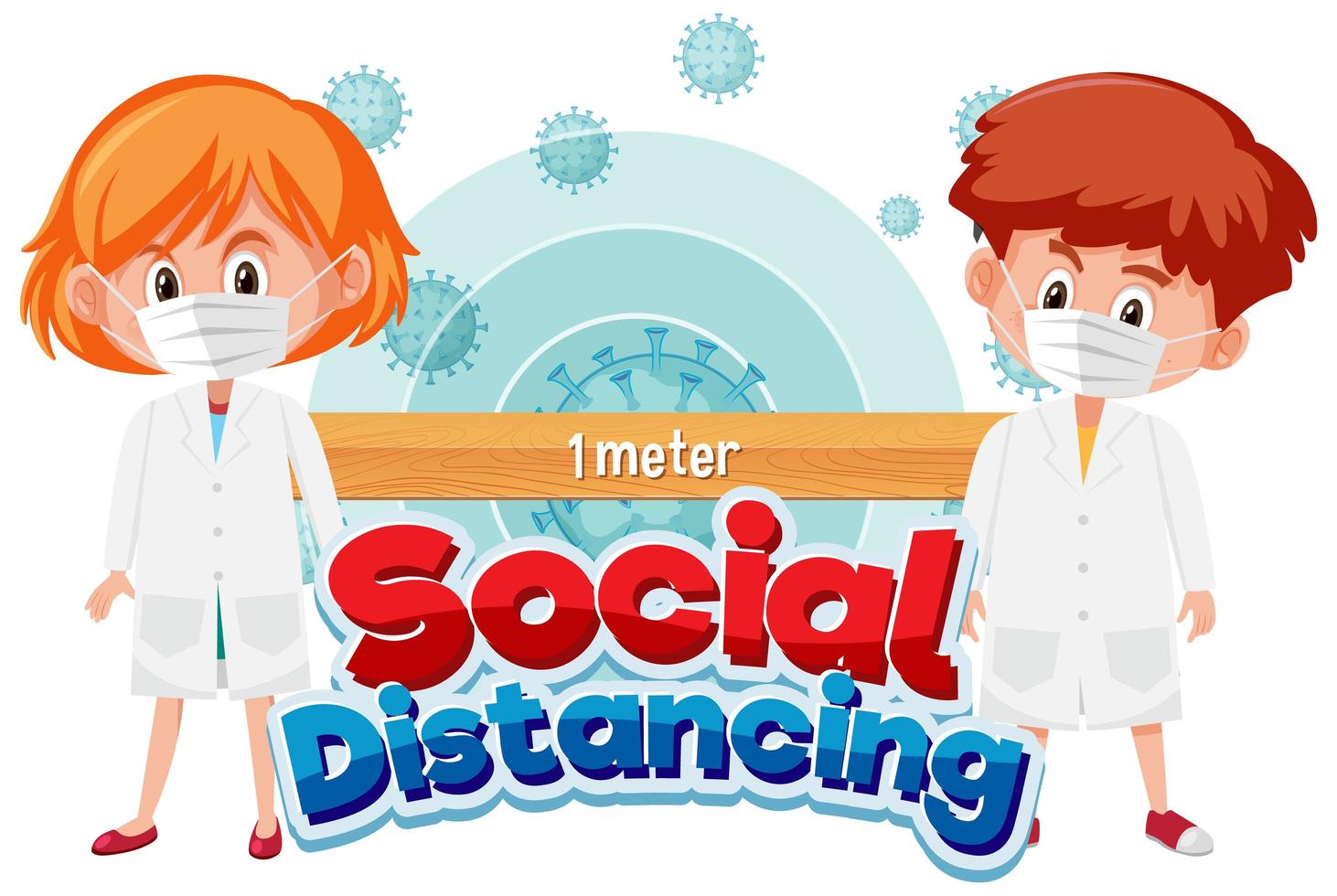 Poster with children in masks social distancing vector