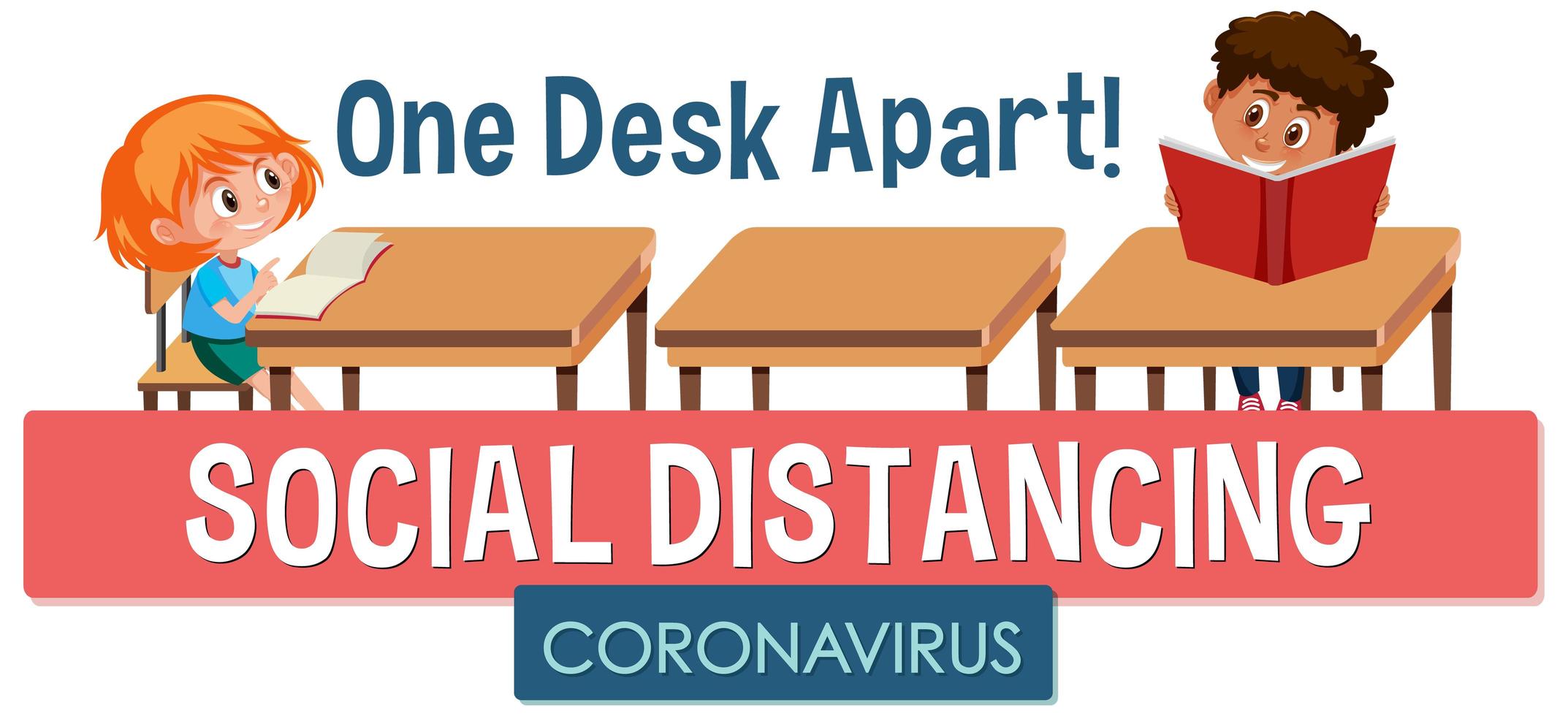 Children staying one desk apart social distancing poster vector