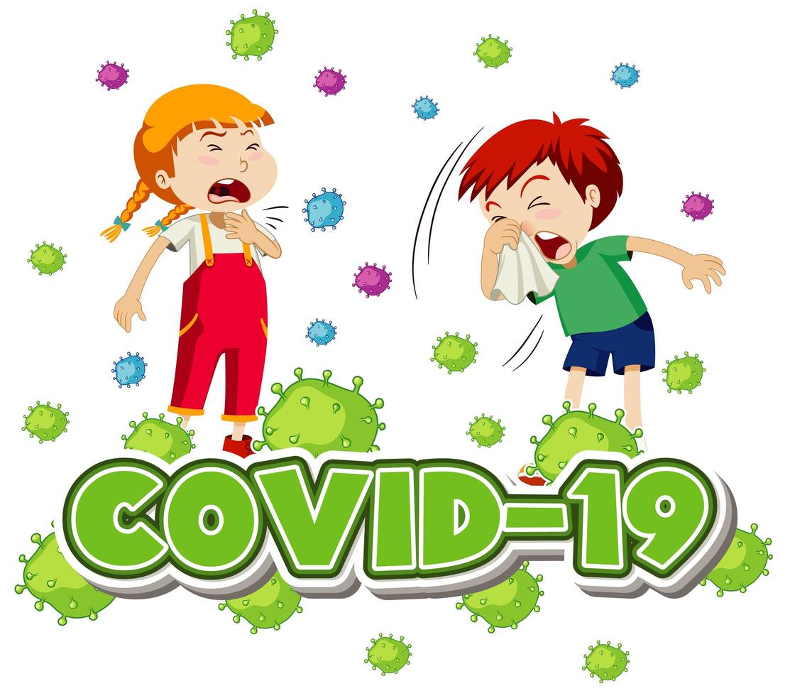 cartel de coronavirus con niños tosiendo y texto covid-19 vector