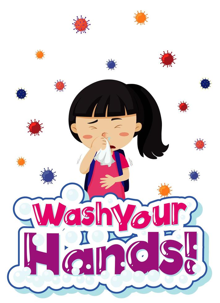 Sick girl Coronavirus poster with Wash Your Hands text vector