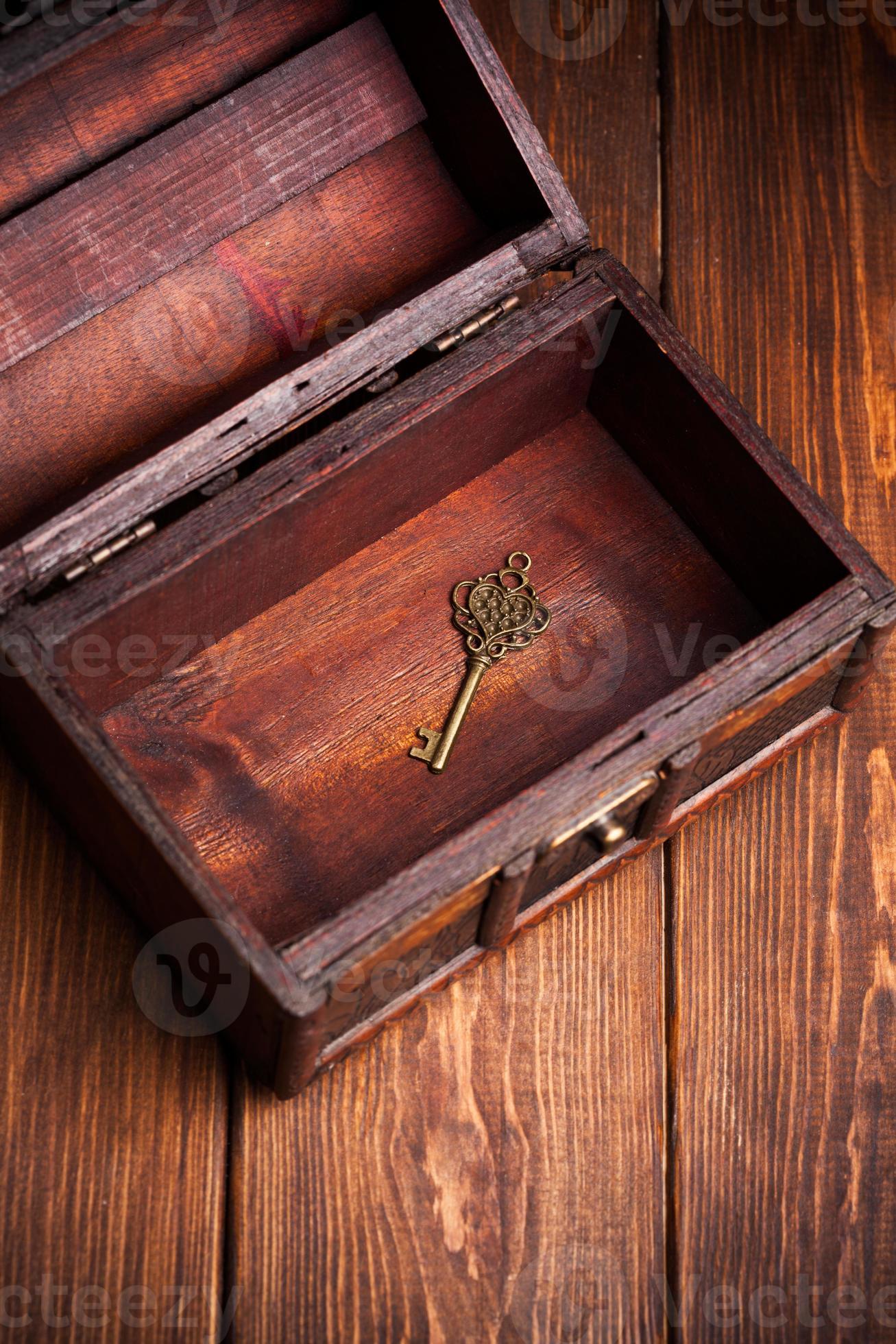 vintage key inside old treasure chest on wooden background 1101908