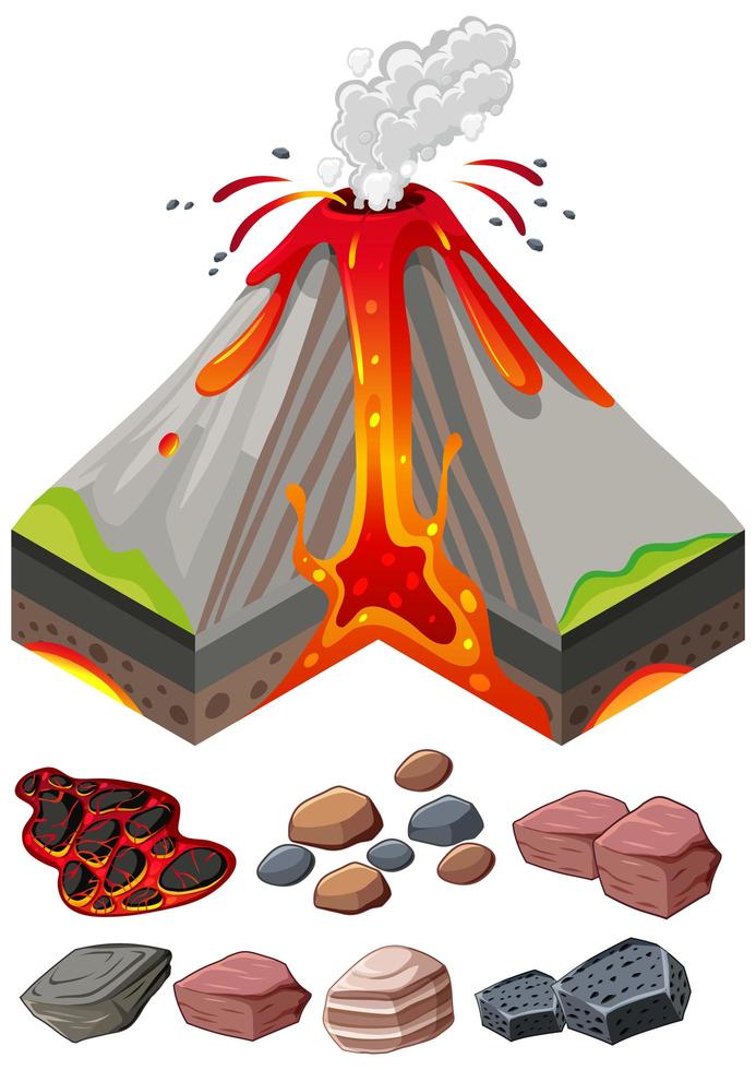 varios tipos de rocas y erupciones volcánicas vector