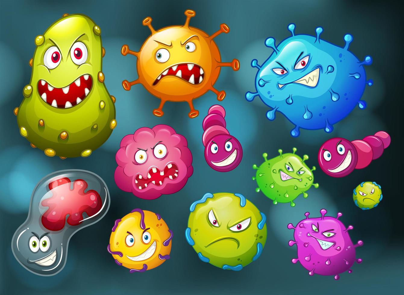 bacterias con caras de monstruos en el fondo bokeh vector