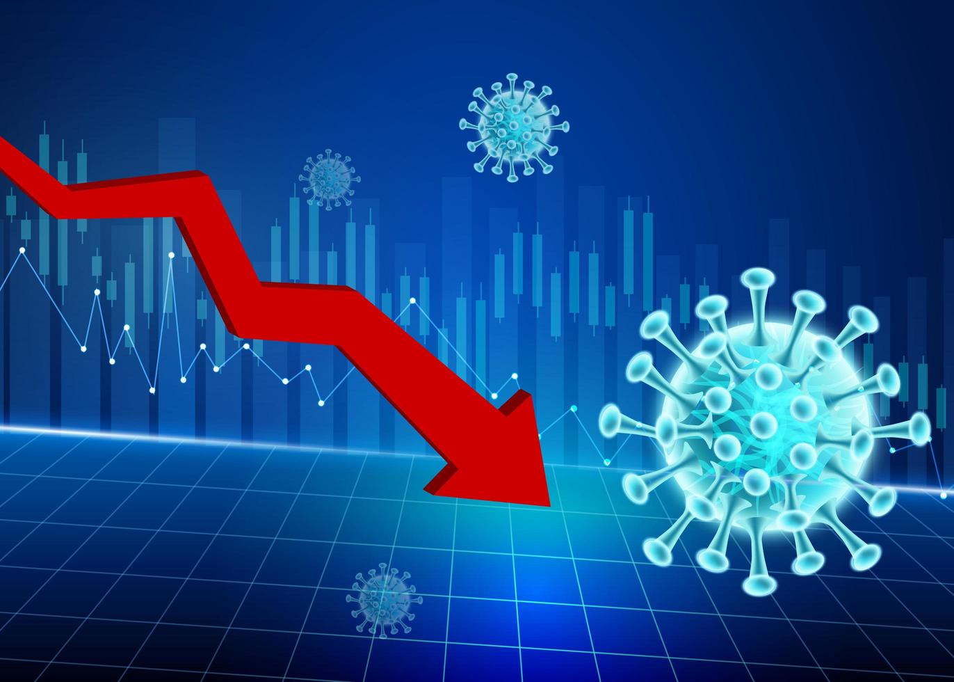 diseño de disminución de precio de acciones de coronavirus de flecha hacia abajo vector