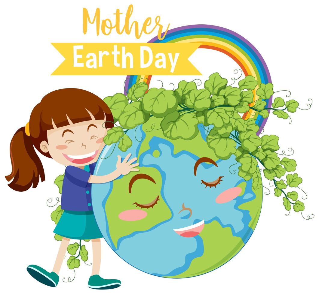 '' Día de la madre tierra '' con niña abrazando el globo terráqueo con hojas vector