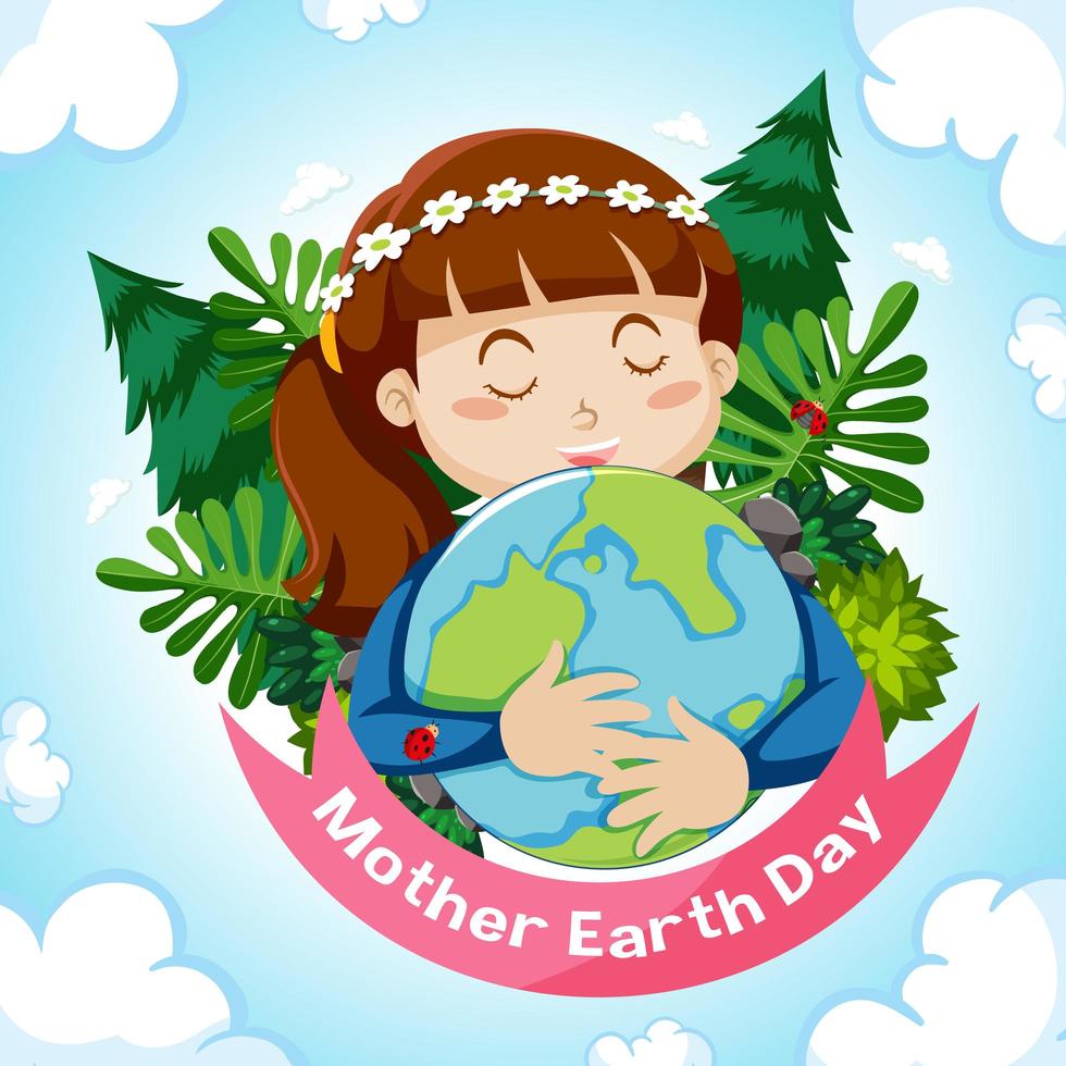 día de la madre tierra con niña abrazando el planeta tierra vector