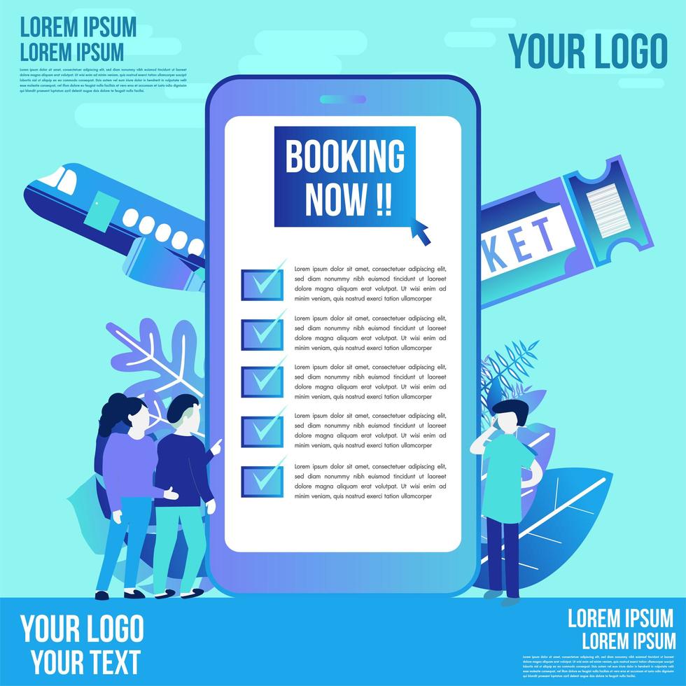 Mobile travel booking design with flat style characters vector