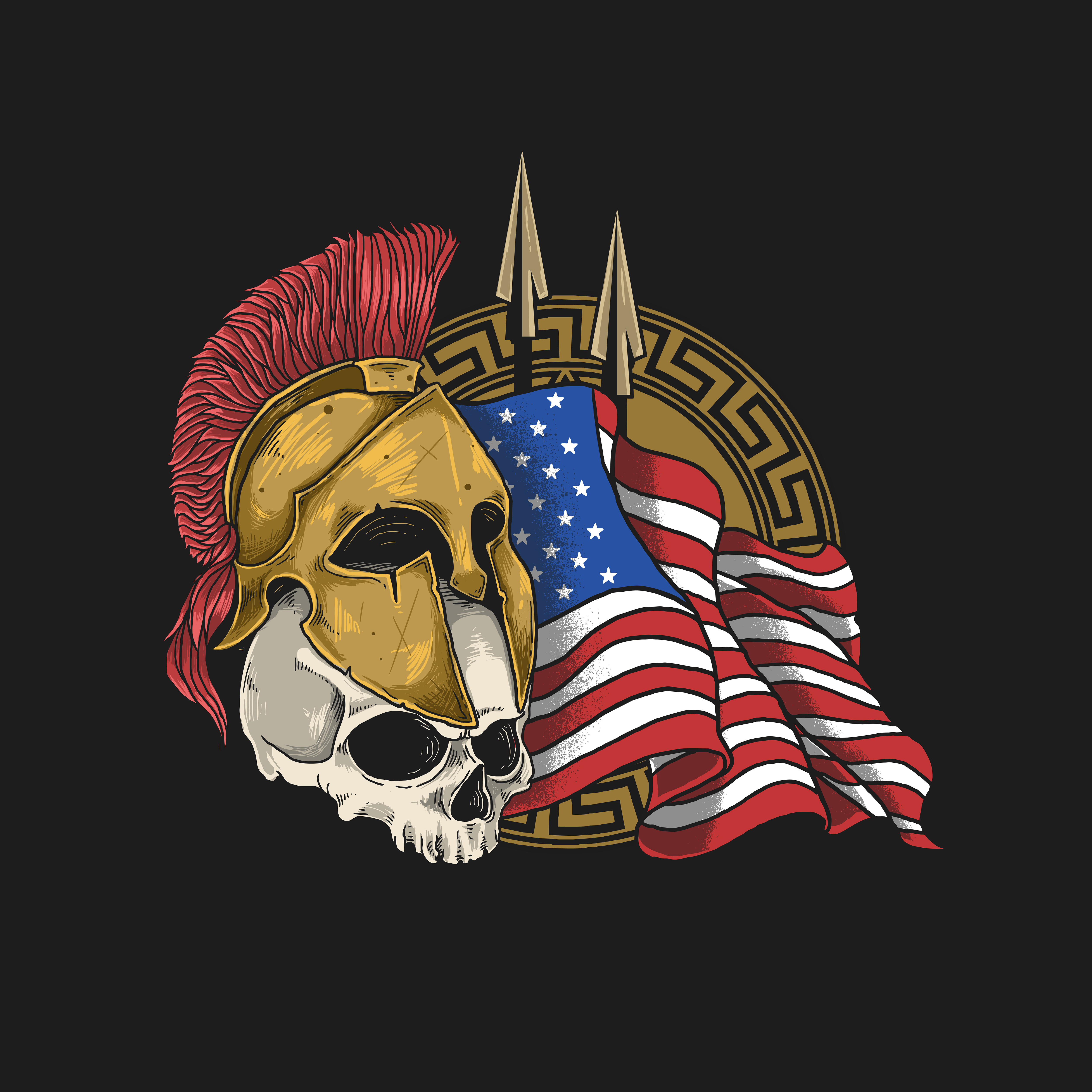 Skull Wearing Spartan Helmet with an American Flag 1102803 Vector Art