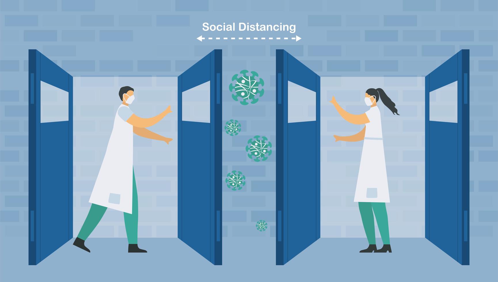 Social distancing of doctor and nurse vector