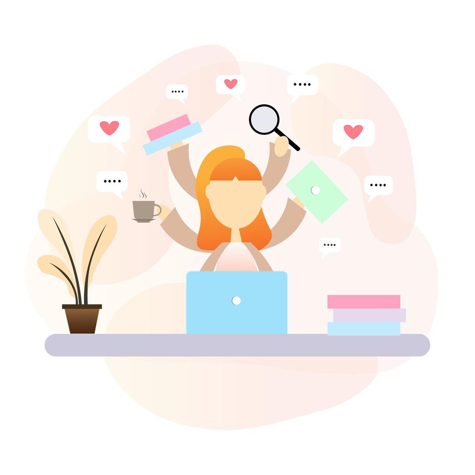 Multitasking woman with laptop at desk vector