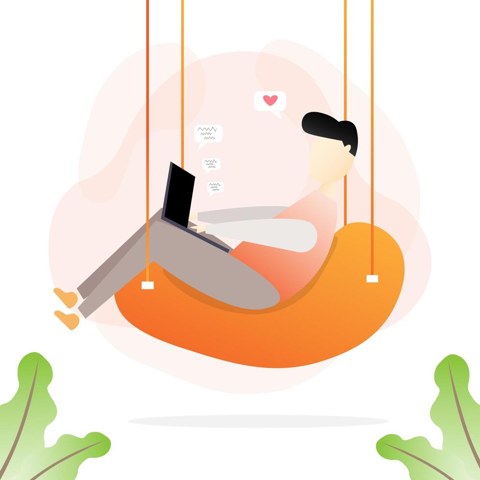 Man in hanging chair working from home vector