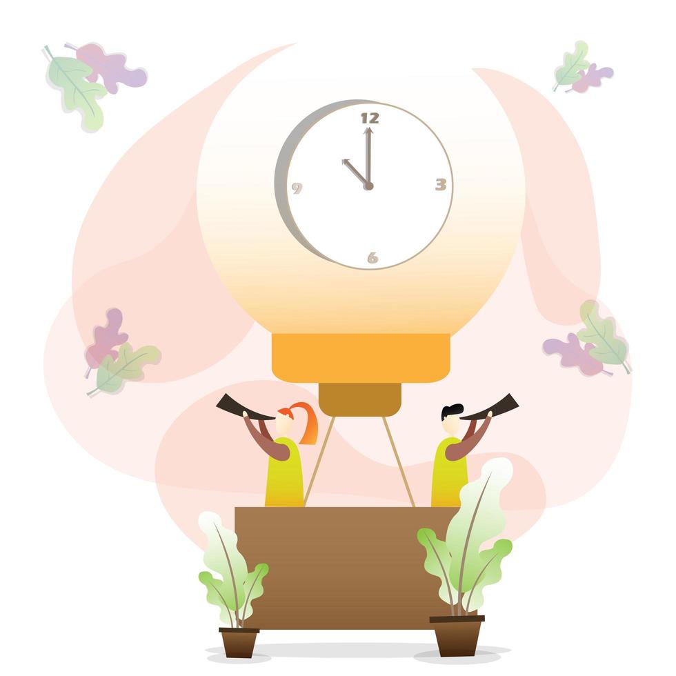 Characters in hot air balloon looking through telescope vector