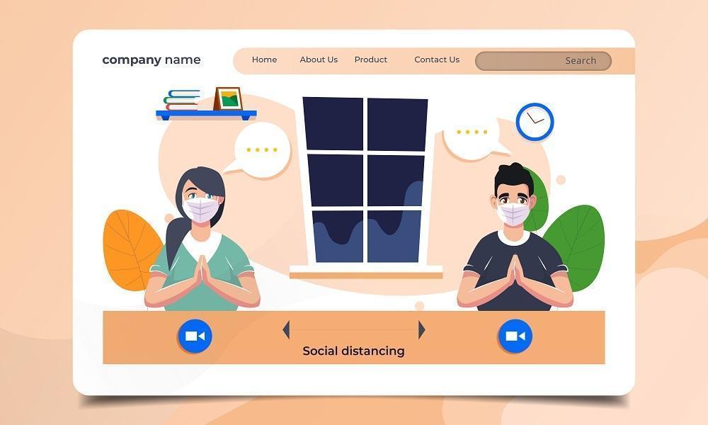 Social distancing landing page with masked man and woman vector