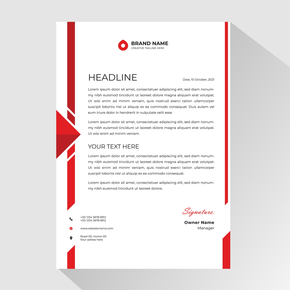 Business letterhead with red vertical borders and triangle 1105307