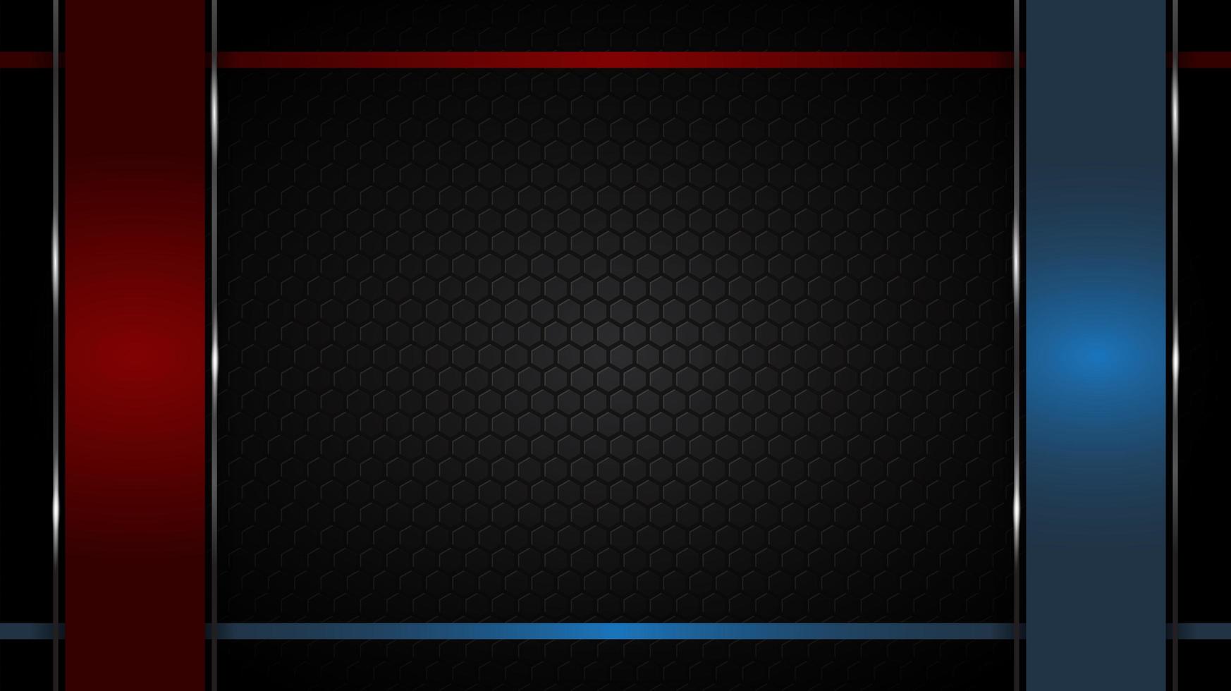 Red and blue glossy borders on black hexagon pattern vector