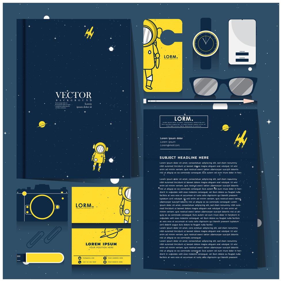 Blue and yellow space explorer corporate identity set vector