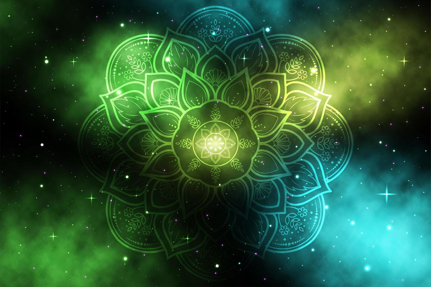 Circular flower mandala on green and blue galaxy vector