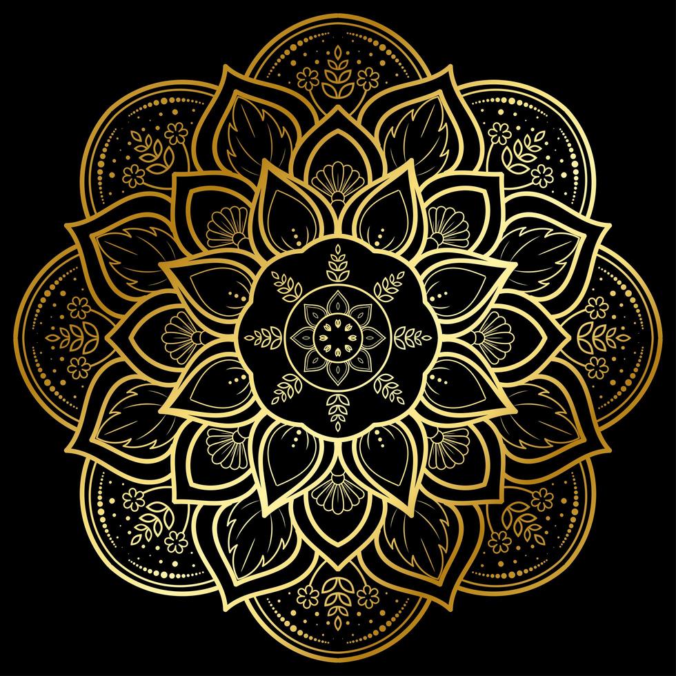 Circular golden flower mandala on black vector