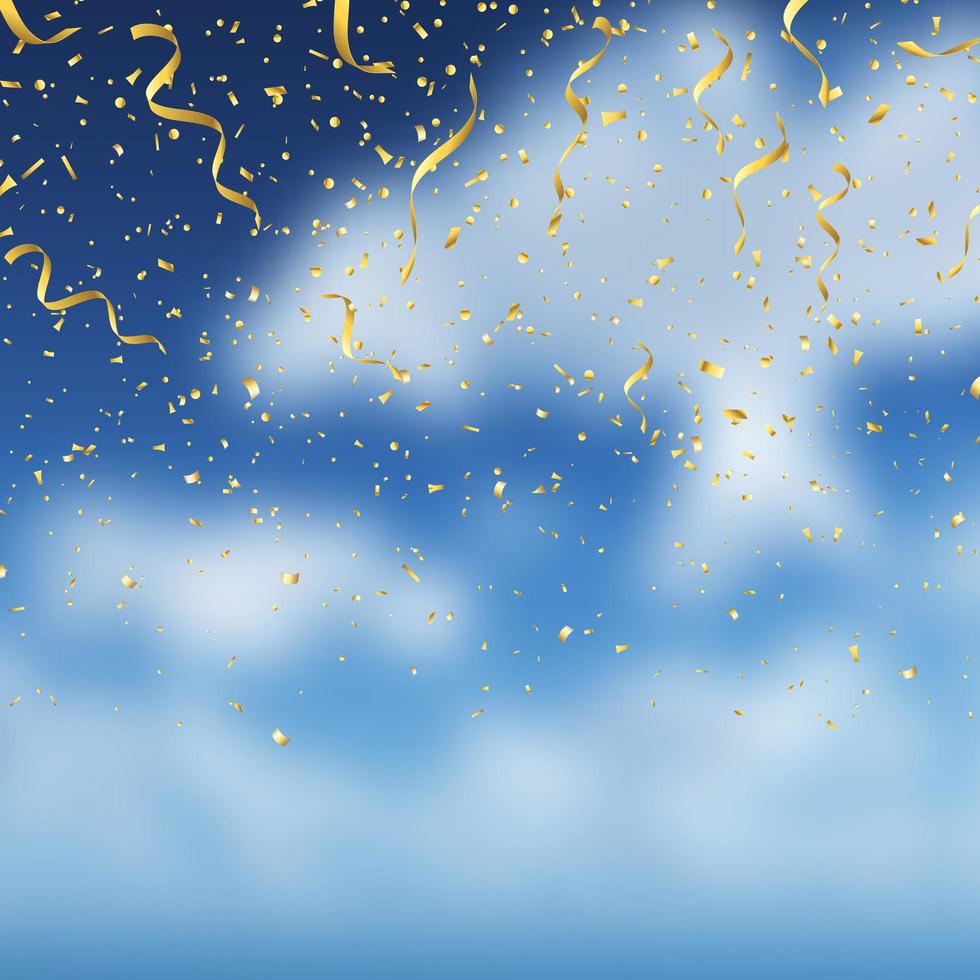 Gold confetti on blue sky background vector