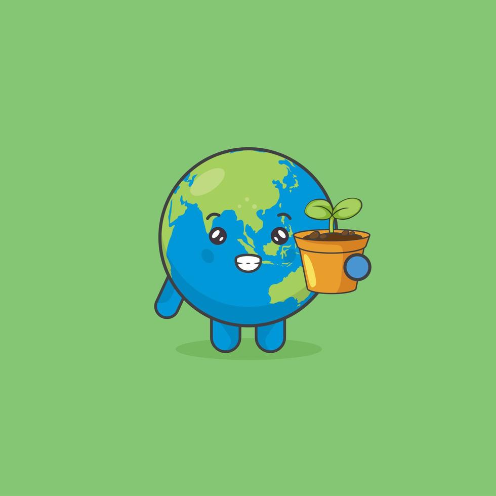 Lindo personaje de tierra sosteniendo una planta de árbol vector