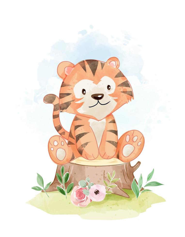 lindo tigre sentado en tocón de árbol vector