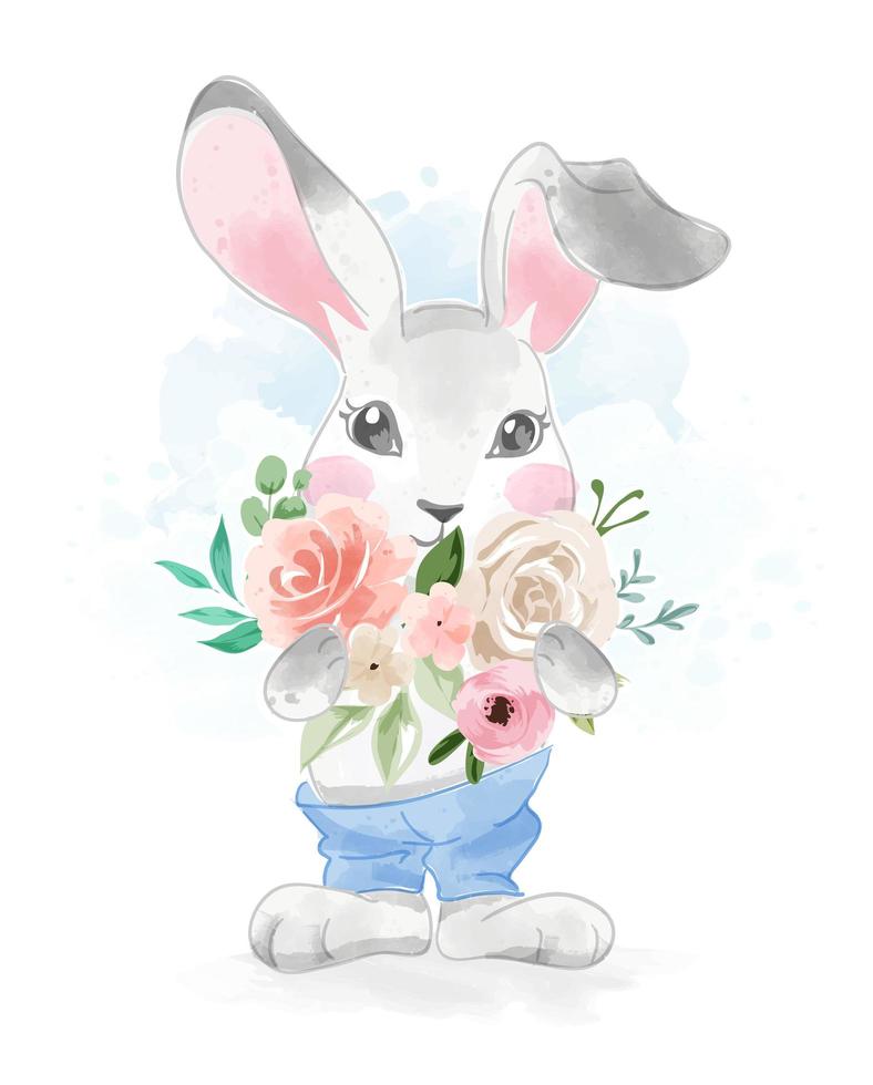 lindo conejo en pantalones con ramo de flores vector