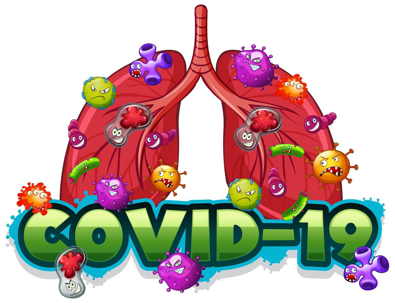 plantilla de signo covid 19 con pulmones humanos llenos de virus vector