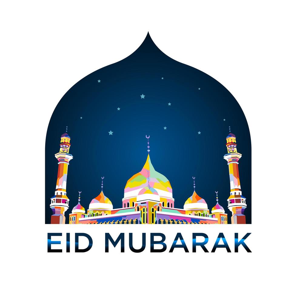Silhouette of the mosque at night with blue stars on white background vector