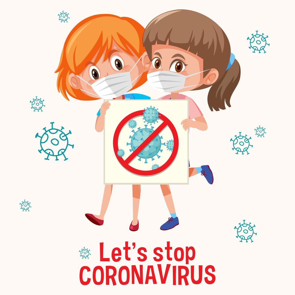 Stop coronavirus poster design with two girls wearing masks vector