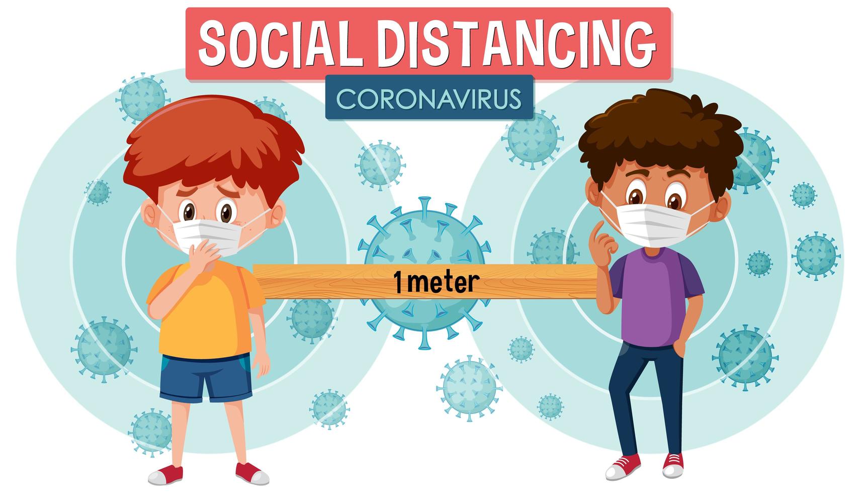 Social Distancing Poster with Boys in Face Masks vector