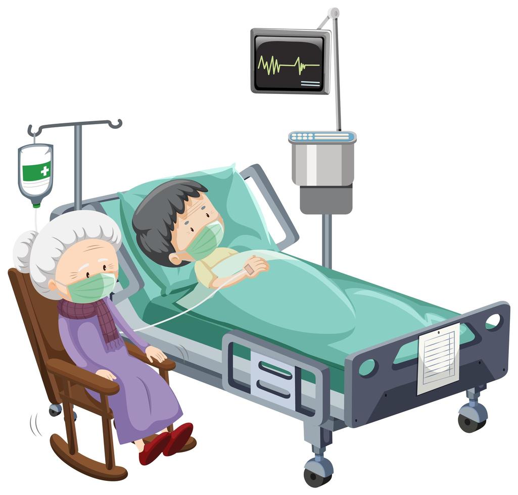 Escena del hospital con paciente enfermo con visitante anciano vector