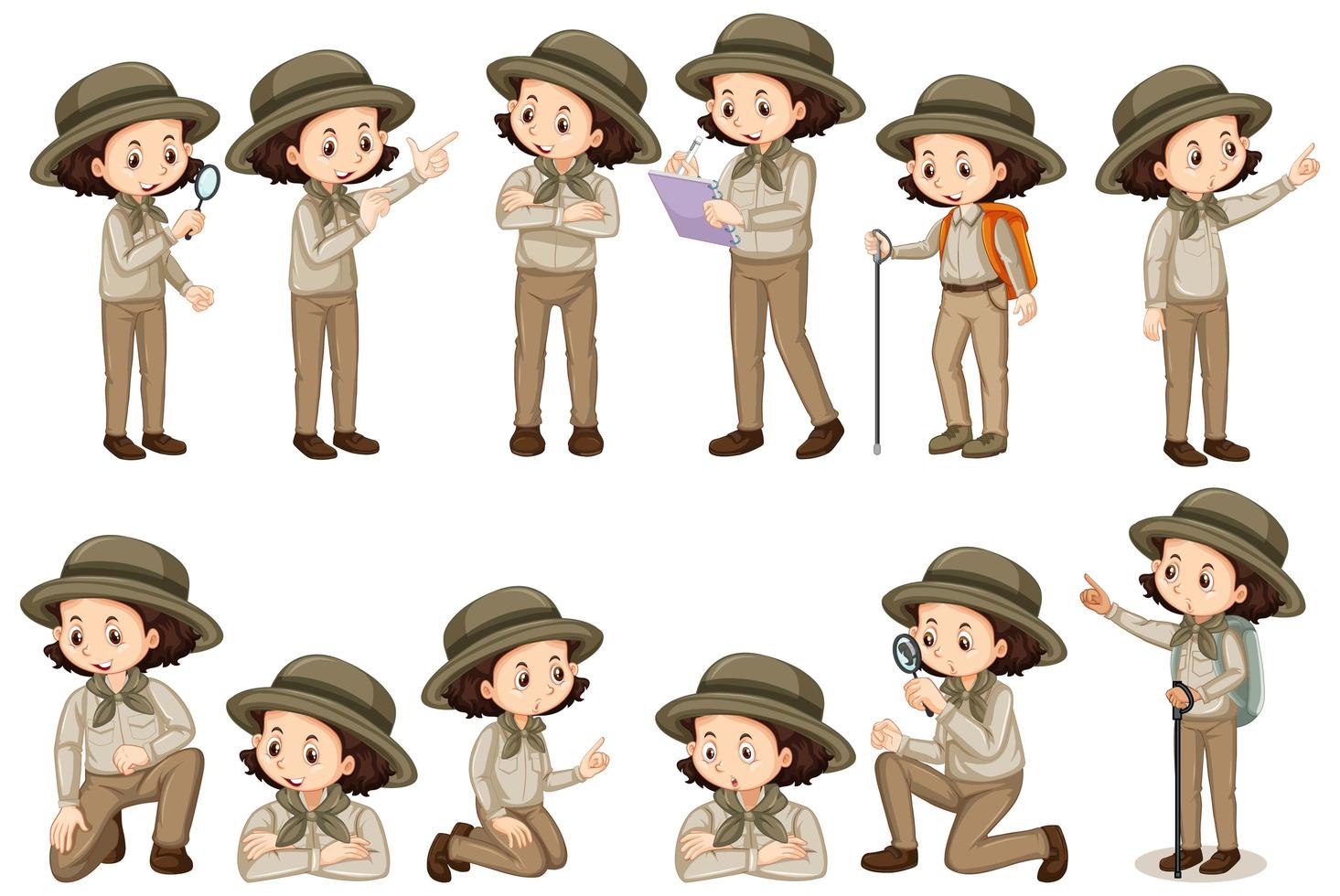 Chica en traje de safari en diferentes poses vector