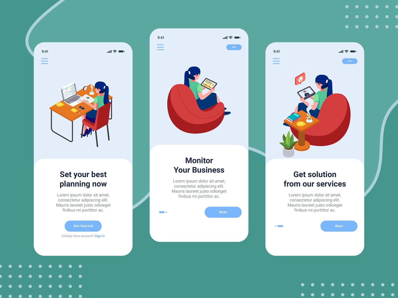 Onboarding business mobile application screen set vector