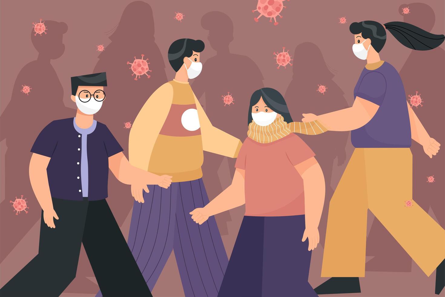 Walking people wearing respirators to prevent COVID-19 vector