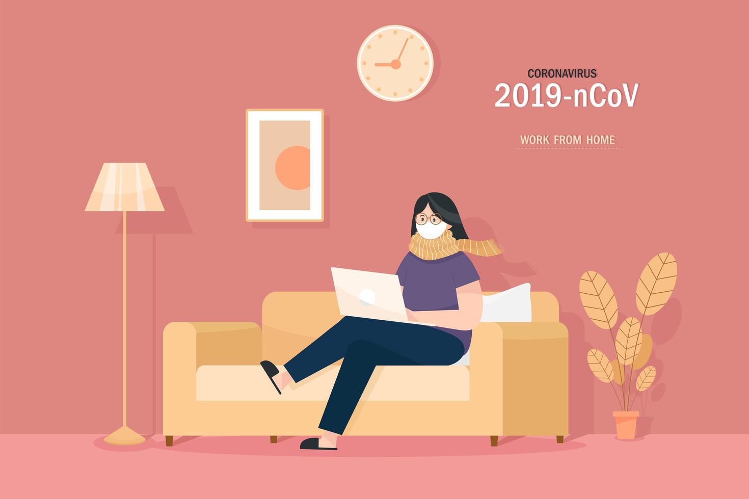 Masked girl with laptop sitting on sofa vector