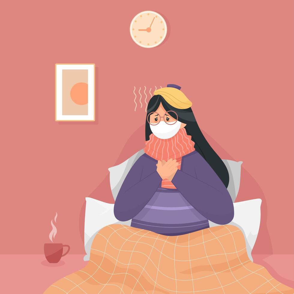 Masked woman in bed with symptoms of COVID-19 vector