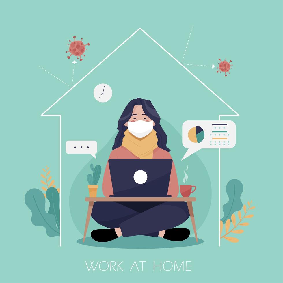 Masked girl on floor at home using laptop vector
