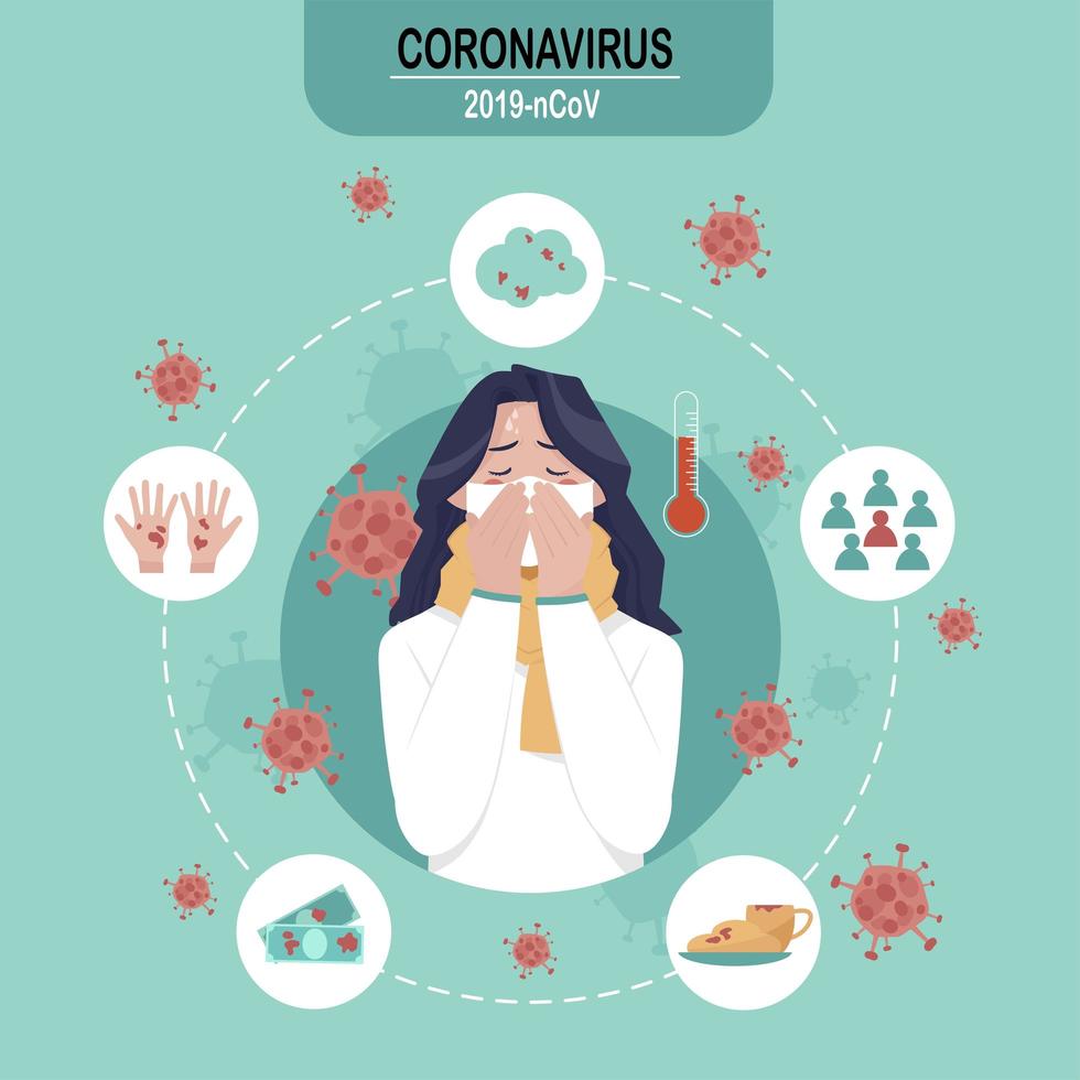 mujer con iconos circulares para prevenir el coronavirus vector