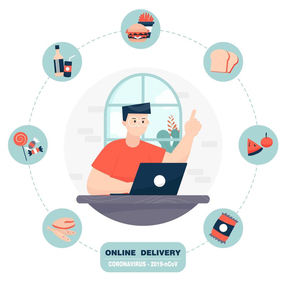 Man orders food with a laptop from home vector