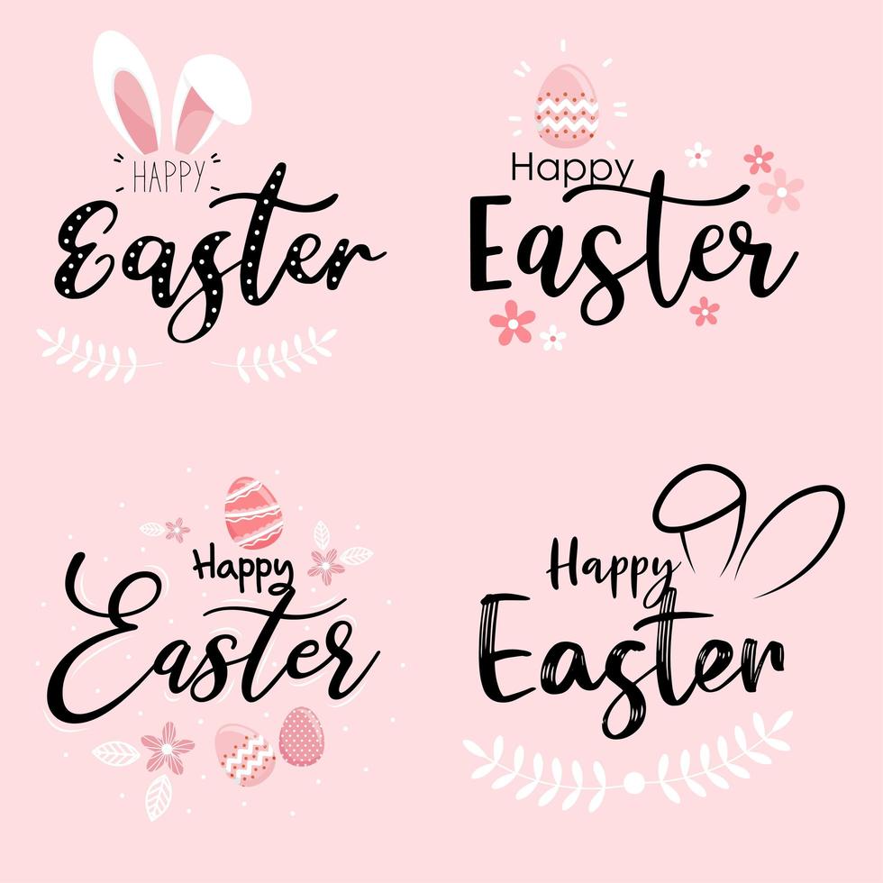 Happy Easter lettering and rabbit ear doodles set vector