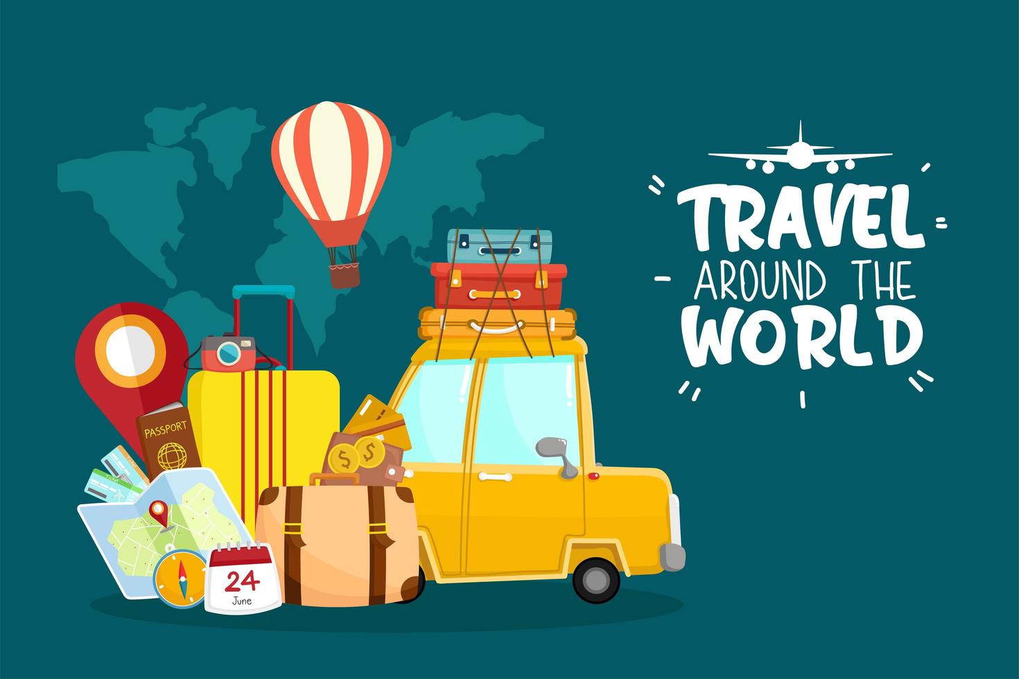 World travel by car with travel related items vector