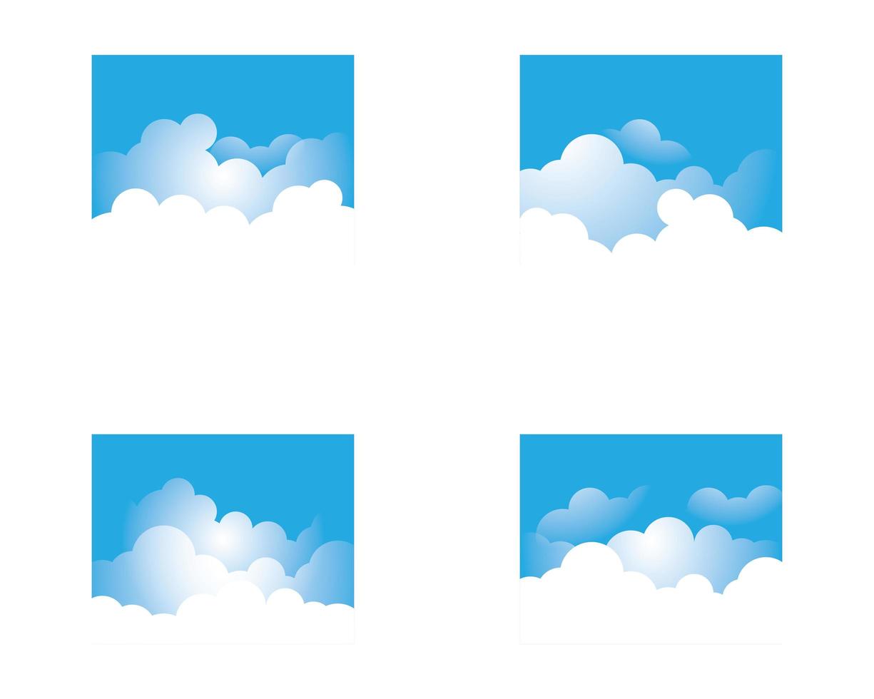 Conjunto de cielo azul con nubes blancas superpuestas. vector