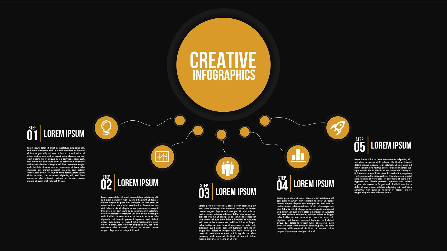 Chart with 5 options and circle elements on black vector