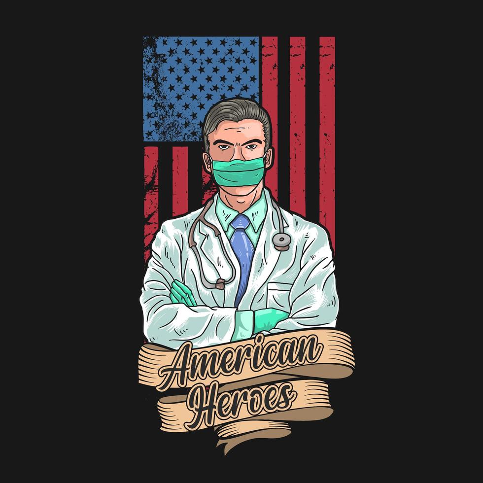 médico enmascarado frente a la bandera americana vector