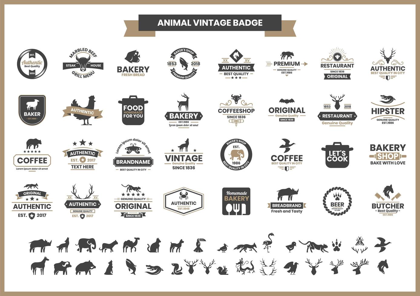 insignia vintage con rinoceronte y otros animales vector