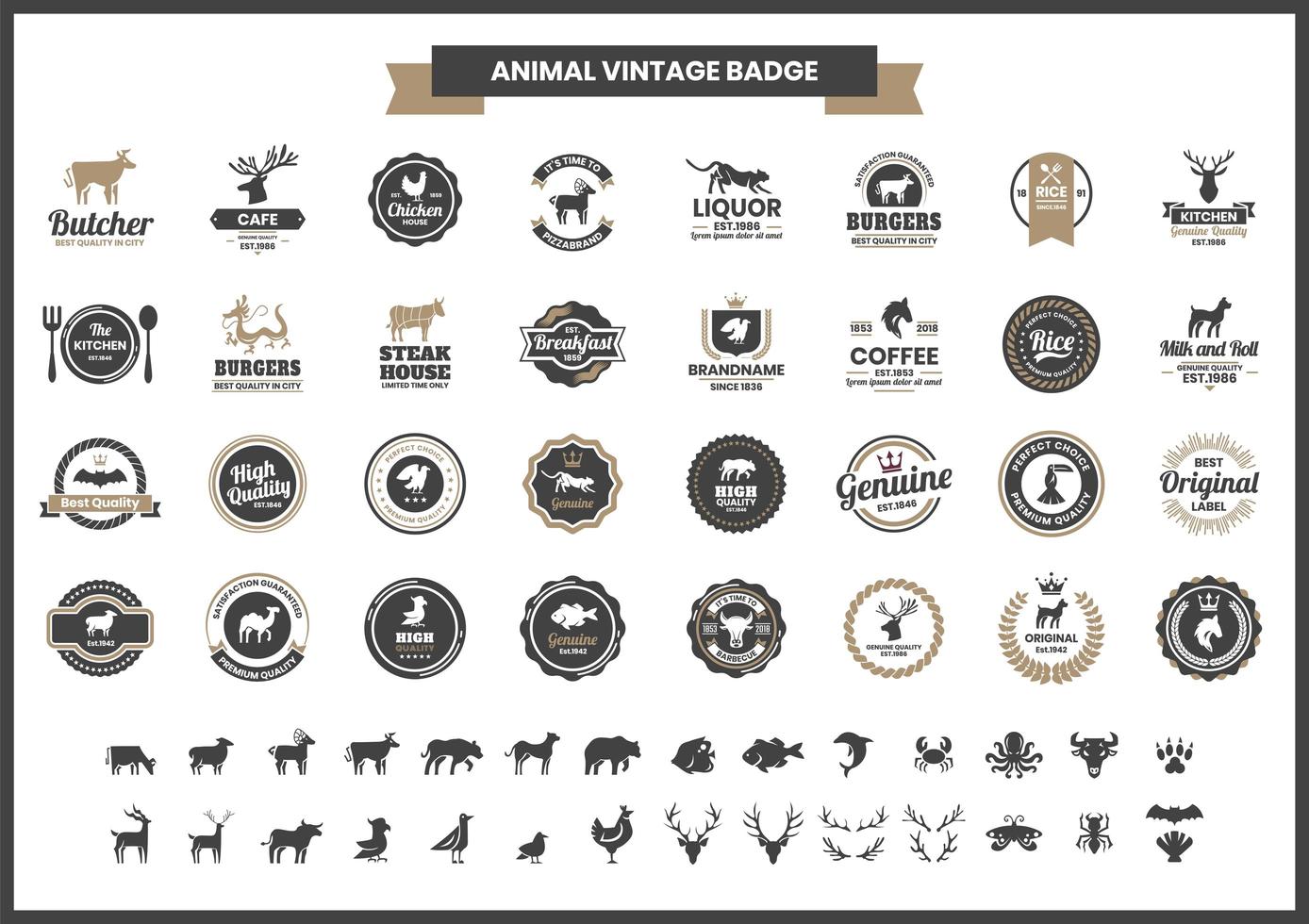 insignia vintage con murciélago y otros animales vector